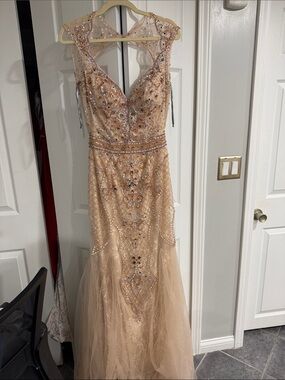 Embellished Champagne Prom Gown with Illusion Straps